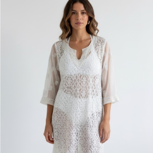 Vintage white silk tunic coverup with hand embroidery - Small - Picture 1 of 7